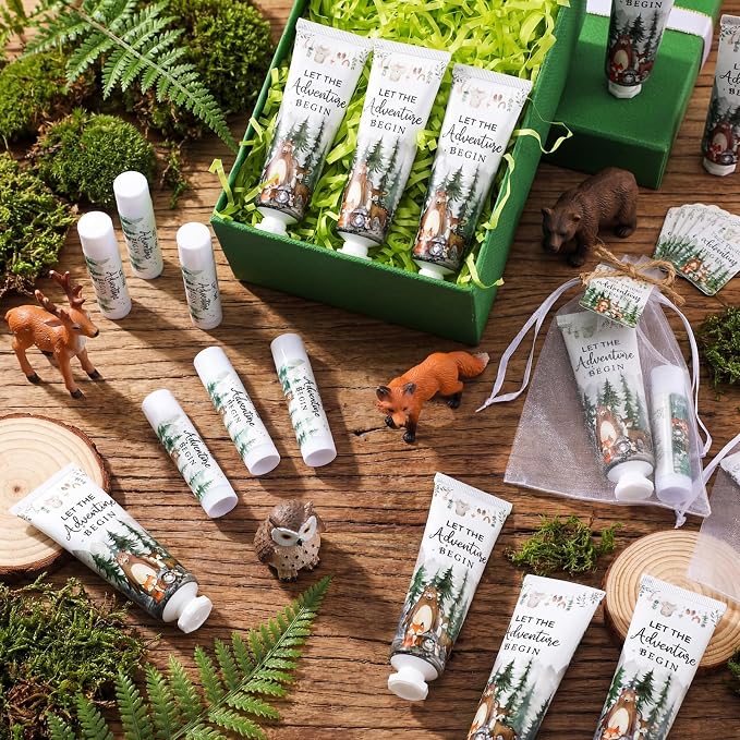 Lounsweer 24 Sets Woodland Baby Shower Hand Cream and Lip Balm Gift Woodland Animals Baby Shower Party Favors for Guest Forest Animals Wilderness Theme Travel Size Hand Lotion Birthday Party Supplies