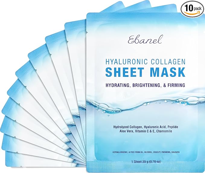 Ebanel 10 Pack Collagen Face Mask with Hyaluronic Acid, Vitamin C, Peptide, Aloe, Instant Brightening Hydrating Face Masks Skincare Korean Sheet Mask, Skin Firming, Lifting Anti Aging Facial Masks