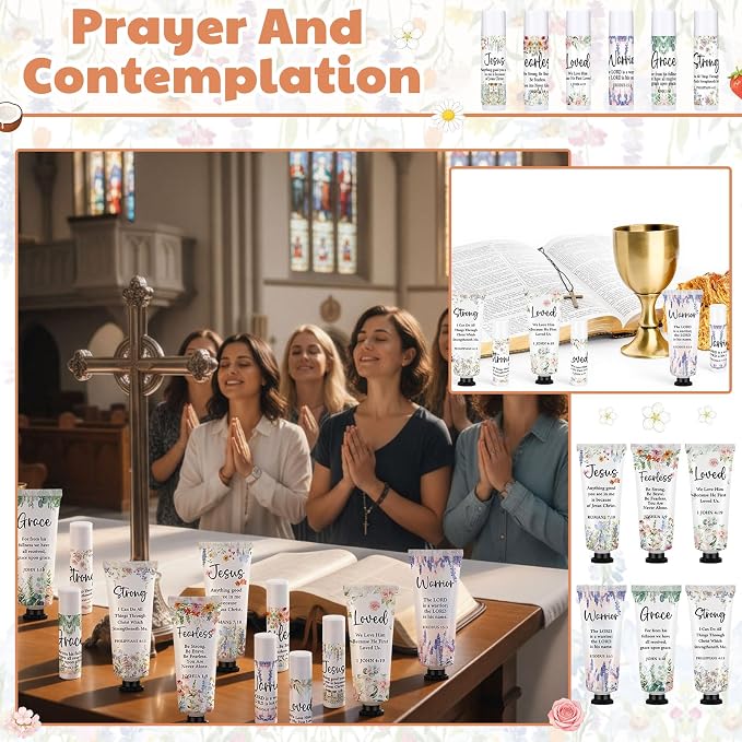 Loopeer 30 Sets Bulk Christian Hand Cream and Lip Balm Set for Women Religious Travel Size Moisturizing Lip Care Mini Religious Gifts for Women Coworker Appreciation Gift