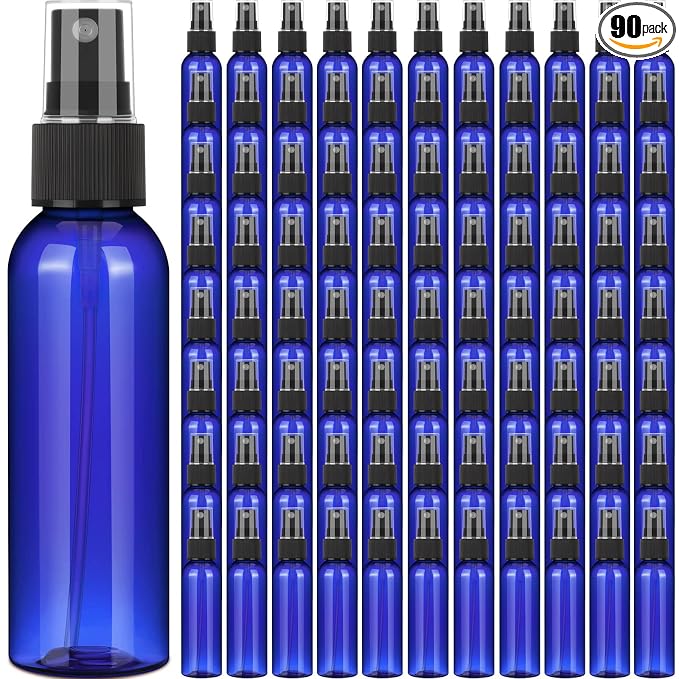 Nuogo 90 Pack 4 Oz Plastic Mini Spray Bottles Reusable Travel Size Perfume Refillable Mist Sprayer Empty Bottle for Essential Oil(Blue)
