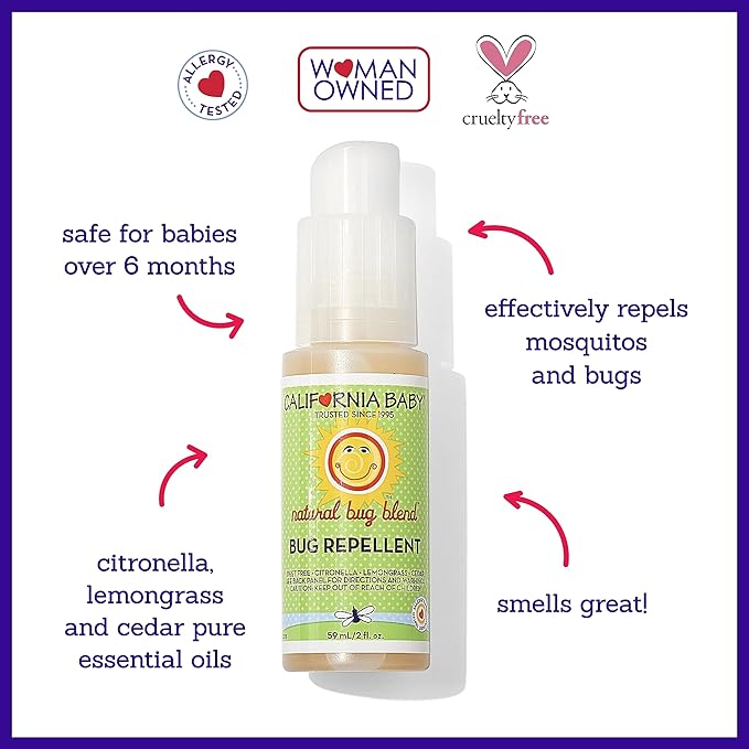 California Baby Natural Bug Spray Travel Size | DEET Free Mosquito Repellent | Baby + Kids Bug Spray | Citronella Spray | Great Smell | 59 mL / 2 oz