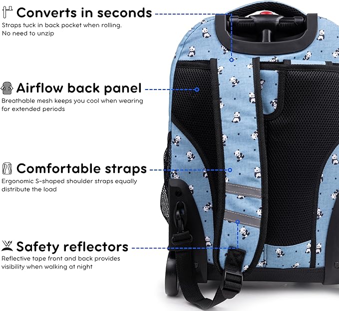 J World Sunrise Kids Rolling Backpack for Girls Boys. Roller Bookbag With Wheels For School, Panda
