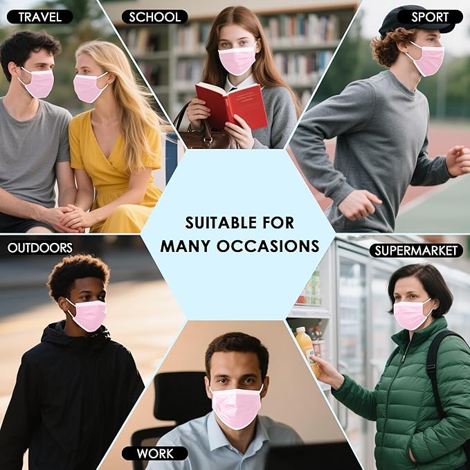 NNPCBT Pink Disposable Face Masks 100 Pack,3-Ply Breathable Mask For Adults,Great For Outdoors,Home, Office, School