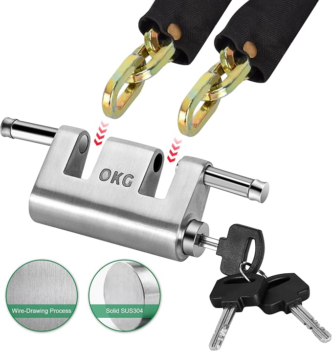 OKG Ultra Secure Stainless Steel Lock - Heavy Duty Solid Cast Padlock - 3 Keys, 2 Rods, 7/16" Shackle, Push Cylinder, Rust Proof Outdoor Lock - Combo Security Chain for 2-Wheeled Vehicle (No Chain)