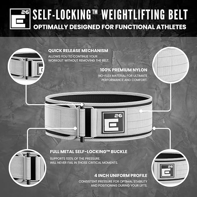 Element 26 Self-Locking Weight Lifting Belt - 4-Inch Nylon Support for Men and Women - Squat and Deadlift - Gym Training