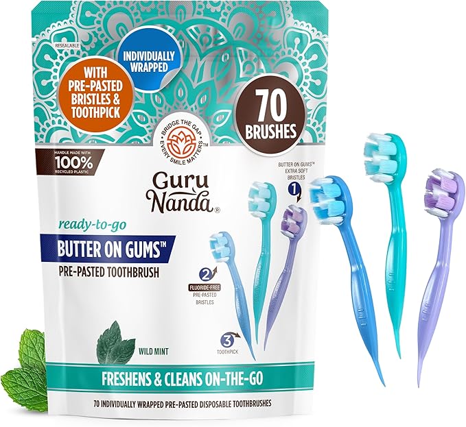 GuruNanda Ready-to-Go Disposable Mini Travel Toothbrush - Butter on Gums Softex Bristles, Prepasted Toothbrush & Toothpick - Fluoride-Free, No Rinsing Needed, Individually Wrapped, 70 Ct