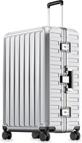 LUGGEX Checked Suitcase with Spinner Wheels, 8010S Aluminum Frame Zipperless Polycarbonate Hard Shell Suitcase (ZX-Core, Silver Ivory, 28 Inch)