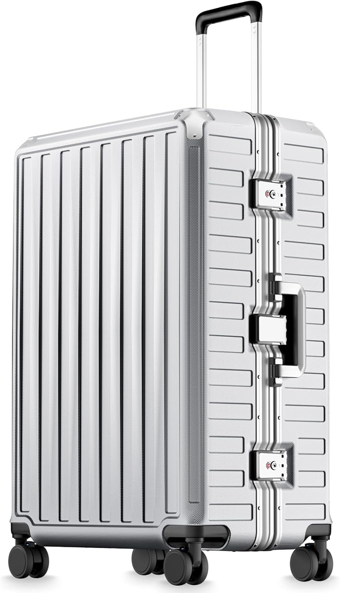 LUGGEX Checked Suitcase with Spinner Wheels, 8010S Aluminum Frame Zipperless Polycarbonate Hard Shell Suitcase (ZX-Core, Silver Ivory, 28 Inch)