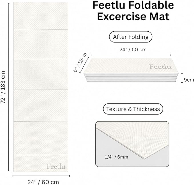 Foldable Yoga Exercise Mat, 6mm/8mm/10mm/12mm Thickness, 72 x 24 Inch - Lightweight, Anti-Slip, and Easy to Store for Yoga, Pilates, Home Workouts, and Floor Exercises