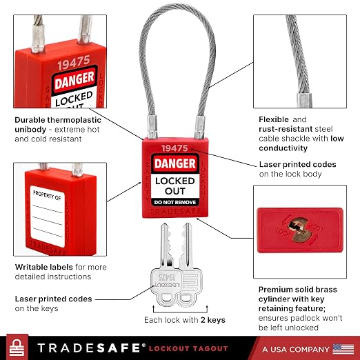 TRADESAFE Lockout Tagout Steel Cable Locks with Keys,10 Red Keyed Different Electrical Lockout Padlock Set, 2 Keys per Lock, OSHA Compliant, Premium Grade