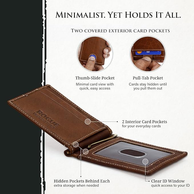 ROGUE WALLET Genuine Leather Minimalist Wallets - RFID Blocking with Money Clip - Interior & Exterior Card Pockets & More - Gift for Men (Brown)