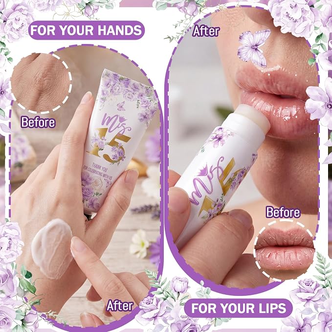 Leelosp 100 Pcs/50 Sets Purple Quinceanera Party Favor Gifts for Guests 15th Thank You Gifts Girl Hand Cream and Lip Balm Sweet 15th Birthday Party Favors for Guests