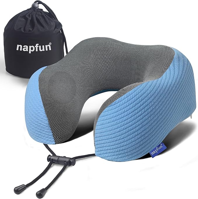 napfun Neck Pillow for Traveling, Upgraded Travel Neck Pillow for Airplane 100% Pure Memory Foam Travel Pillow for Flight Headrest Sleep, Portable Plane Accessories, Sky Blue