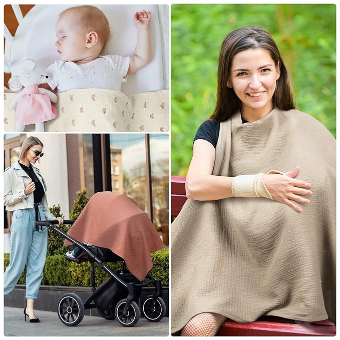 Treela 3 Pcs Muslin Cotton Breathable Nursing Cover Multi Use Car Seat Stroller Breastfeeding Cover for Breastfeeding Baby Shower Gifts Essentials(Fresh Color)