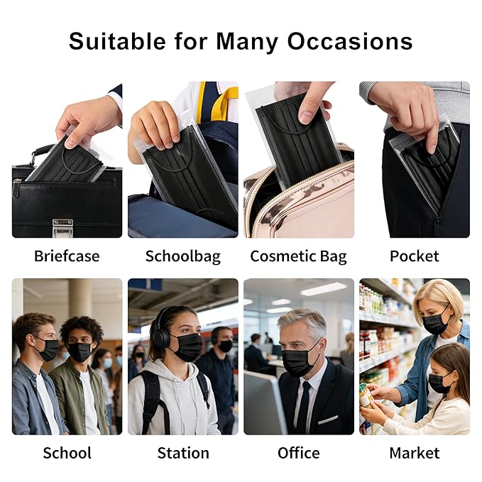 NNPCBT Black Individually Wrapped Masks 50pcs, Disposable Face Masks for Adults, 3 Ply Breathable Face Mask Black Indoor Outdoor