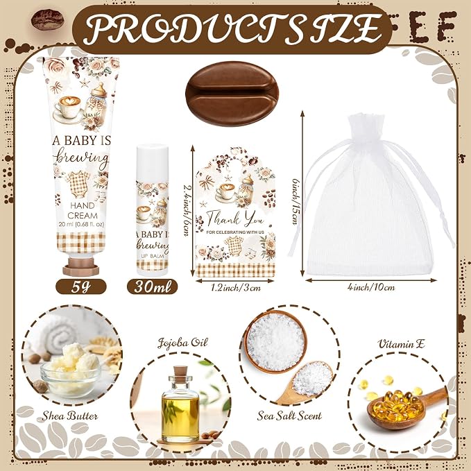 Loopeer 30 Set/150 Pcs A Babys Is Brewing Coffee Baby Shower Favors for Guests Gifts Hand Cream Lip Balm Soap Party Favors Travel Size with Bags, Thanks You Card for Games Prizes Souvenirs