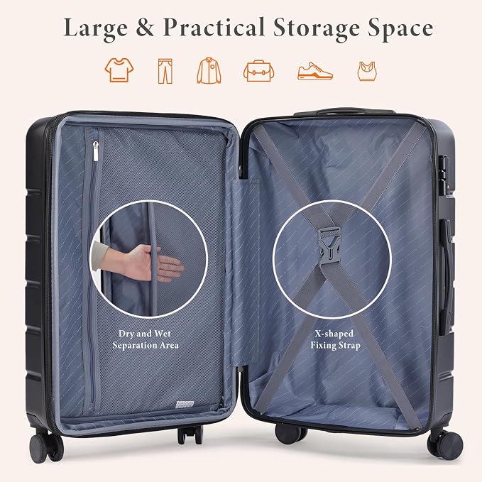 Sweetcrispy 28 Inch Checked Luggage, ABS Lightweight Rolling Hard Shell Suitcase with Smooth Spinner Wheels, Built-in TSA Lock, Durable Travel Suitcase for Business and Vacation Trip, Black