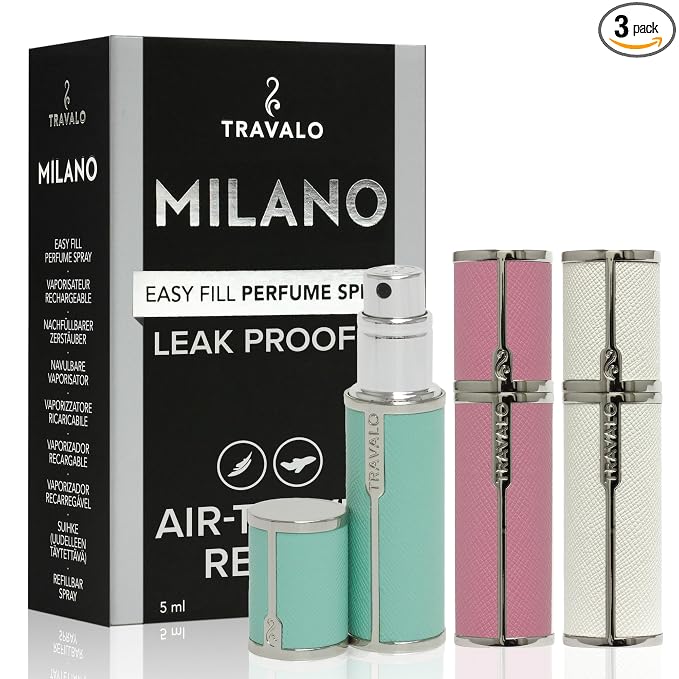 Travalo Milano Perfume Atomizer Bundle - Leak-Proof and TSA Approved for Air Travel - Reusable, Easy Fill Mini Pump Sprayer - Vegan Leather w/Polished Metal - White, Aqua, Perfect Pink - 3 Pack