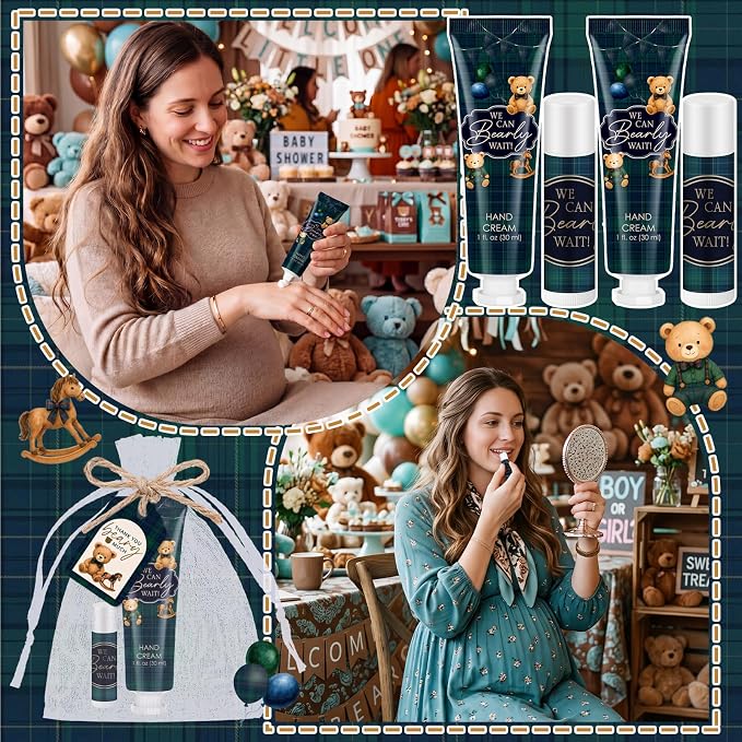 Lounsweer 24 Sets Green Blue Tartan Plaid Bear Baby Boy Gift Set Travel Size Hand Cream & Lip Balm, Baby Shower Party Favors, Tartan Theme Party Supplies for Guests