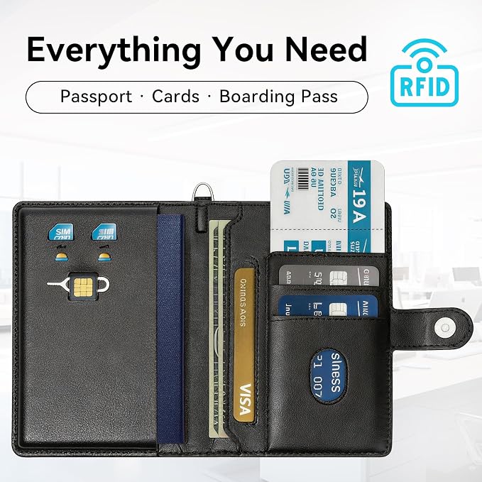 Passport Holder for Travel, RFID Blocking Card Wallet, Apple MFi Certified Smart Passport Cover Works with Find My, Rechargeable Travel Wallet with Lanyard, PU Leather, Black