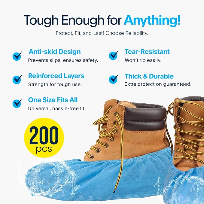Blue Shoe Guys Premium Disposable Boot & Shoe Covers Booties | 200 Pack | Durable, Non-Slip, Non-Toxic, Water Resistant, Recyclable Protectors for Indoor & Outdoor | Large Size Fits Most Shoes