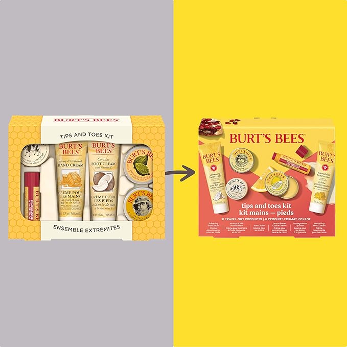 Burt's Bees Mothers Day Gifts Ideas, Tips and Toes Kit, 6 Travel Size Products - Pomegranate Moisturizing Lip Balm, 2 Hand Creams, Foot Cream, Cuticle Cream, and Hand Salve