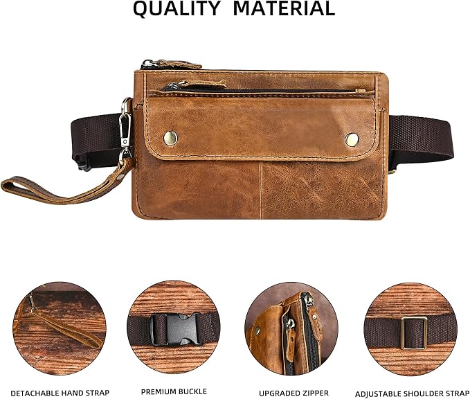 Water Resistant Canvas + Leather Hiking Riding Travel Fanny Waist Pack Small Phone Pouch For Men Women FB811-29 (100% Leather-The 8136 Brown2)