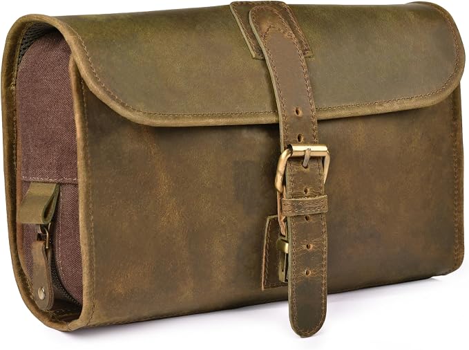 LEATHER VILLAGE Hanging Genuine Leather Toiletry Bag for Men & Women with Waterproof Lining – Handcrafted Vintage Travel Dopp Kit, Shaving Organizer & Shower Bathroom Essentials Case - Mud