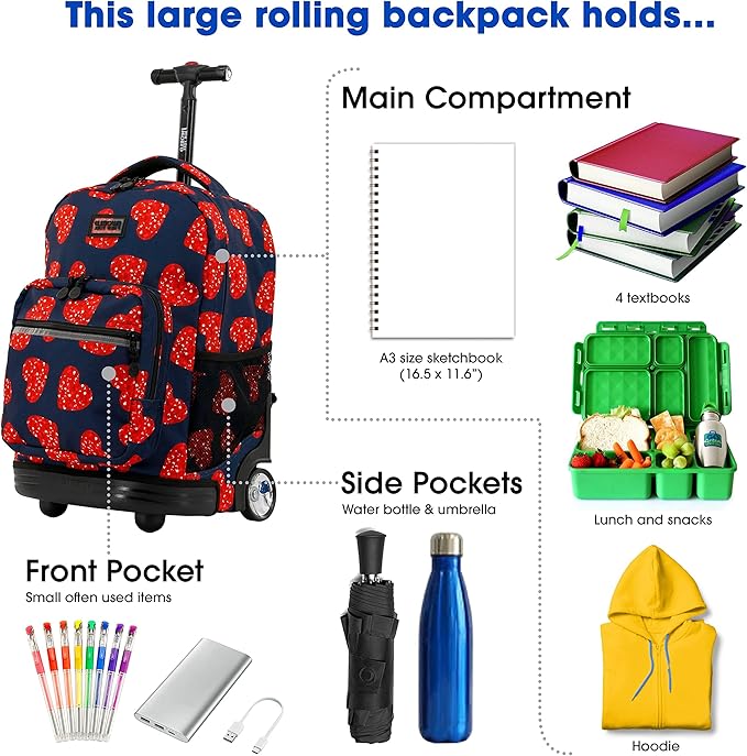 J World Sunrise Kids Rolling Backpack for Girls Boys. Roller Bookbag With Wheels For School, Love Spangle