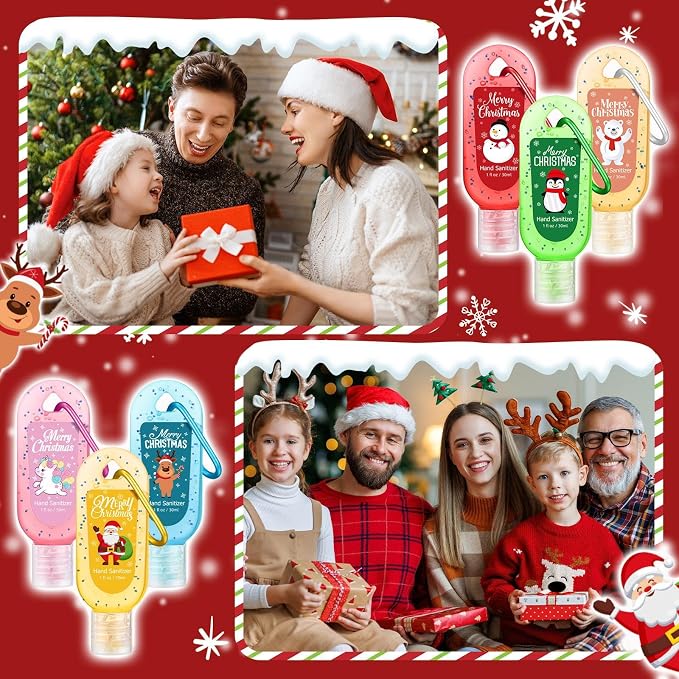 24 Packs Christmas Hand Sanitizers Keychains Gifts Travel Size Mini Hand Sanitizer Gel Bulk with Keychains 1oz Christmas Party Favors Treat Goodie Bags Stocking Stuffers Gift Homeless Supplies