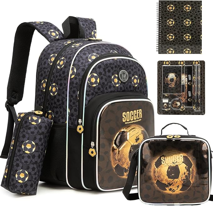 Kids Backpack for Boys Soccer School Backpack for Kids with Lunch Box Toddler Preschool Bookbag for Boys Lightweight Travel Backpack for School