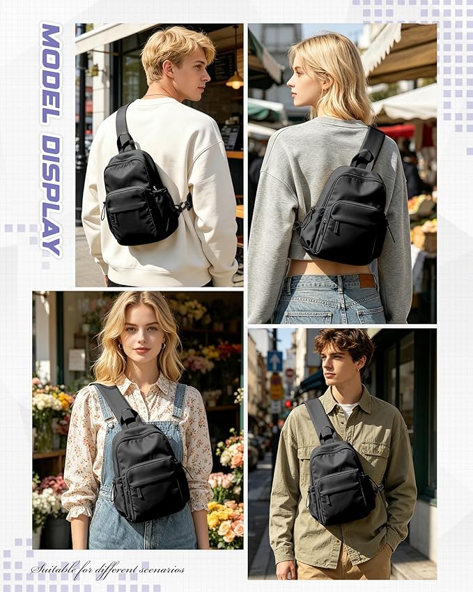 Small Black Sling Crossbody Bag for Men Women, Tactical Backpack Shoulder Daypack Mini Anti-Theft Cross Body Motorcycle Chest Bags, Small One Strap Fanny Back Pack for Casual Travel Hiking Sport Gym