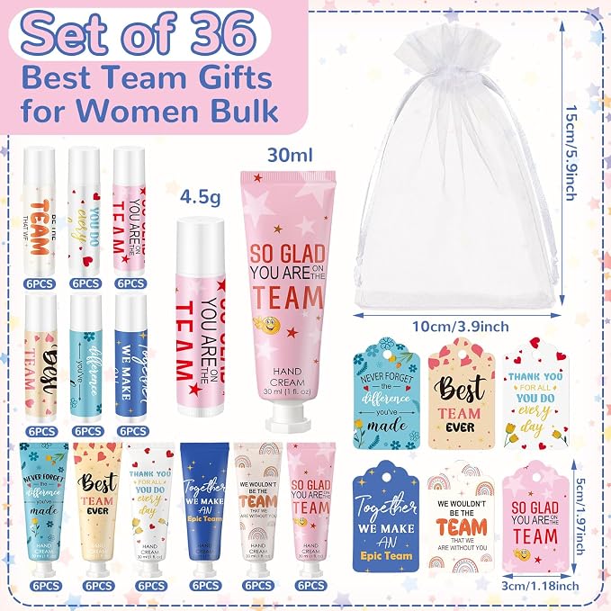 36set/144pcs Best Team Ever Gifts Team Appreciation Thank You Gifts for Coworkers Women Employee Appreciation Gift Party Favors Basket Stuffers Items Travel Hand Lotion and Lip Balm Set