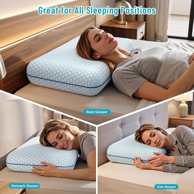CushyOasis Memory Foam Pillows for Side, Back and Stomach Sleepers, Set of 2, Bed Pillow with Washable Cover and Breathable Mesh, Bed Pillow for Sleeping (Blue，King Size)
