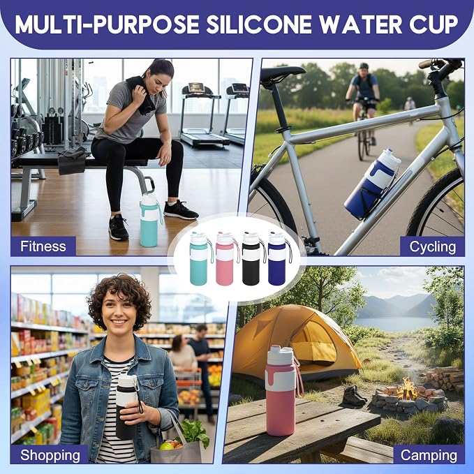 LemonRoad 4 Pcs 26 oz Silicone Collapsible Water Bottle, Portable Foldable Water Bottle Leakproof with Carabiner Reuseable Lightweight for Travel Sports Hiking Camping Cycling Office (Multicolor)