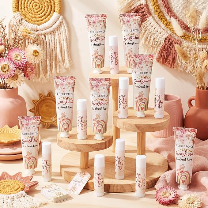 Lounsweer 24 Sets Boho Baby Shower & Baby Sprinkle Favors for Guests Rainbow Sunshine Hand Cream and Lip Balm Gift Set with Organza Bags and Thank You Cards Travel Size Lotion