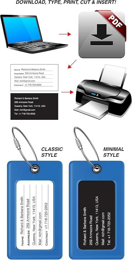 Luggage Tags Business Card Holder by TUFFTAAG - Flexible PVC Travel ID Bag Tag, Blue, 6 Pack