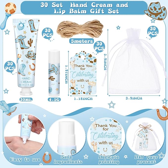 30 Sets Cowgirl Baby Shower Hand Cream and Lip Balm Gift Bulk Western Bridal Shower Party Hand Lotion and Lip Balm First Rodeo Party Favors for Birthday Supplies