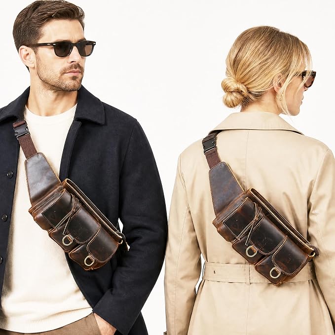 Water Resistant Canvas + Leather Hiking Riding Travel Fanny Waist Pack Small Phone Pouch For Men Women FB811-29 (100% Leather-The 341 Coffee)