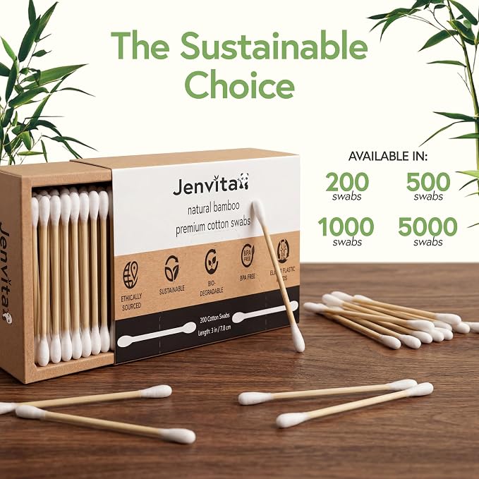 Jenvita 100% Bamboo Cotton Swabs for Ears (500-Pack) - Perfect for Baby & Personal Care | Double-Tipped Ear Swabs Cotton for Makeup & Cleaning | FSC Certified & Hypoallergenic, Made for All Ages & Pet