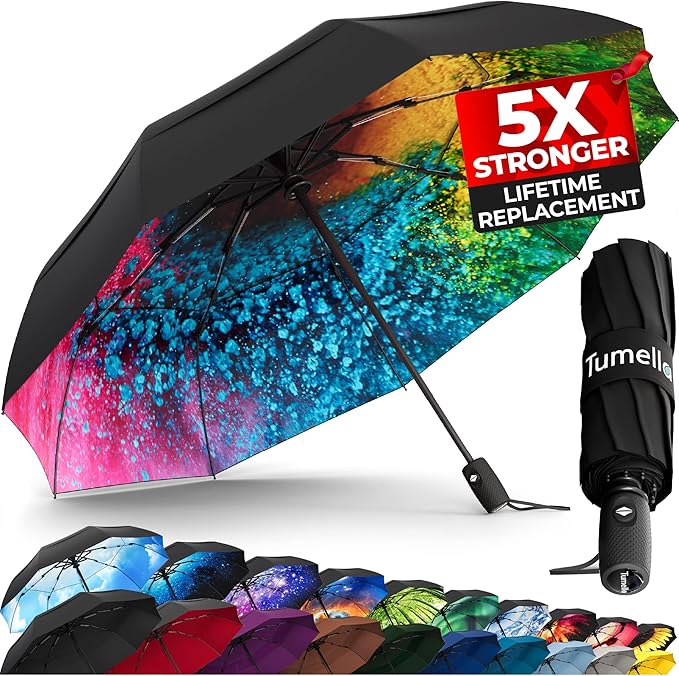 TUMELLA Strongest Windproof Travel Umbrella (Compact, 100MPH Wind-Tested), Light, Portable, One-Handed Use, Automatic Folding Rain Umbrella, Durable, Premium Grip, Fits Car & Backpack