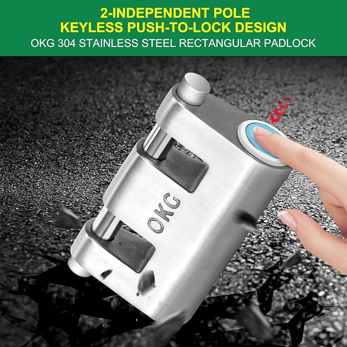 OKG Ultra Secure Stainless Steel Lock - Heavy Duty Solid Cast Padlock - 3 Keys, 2 Rods, 7/16" Shackle, Push Cylinder, Rust Proof Outdoor Lock - Combo Security Chain for 2-Wheeled Vehicle (No Chain)