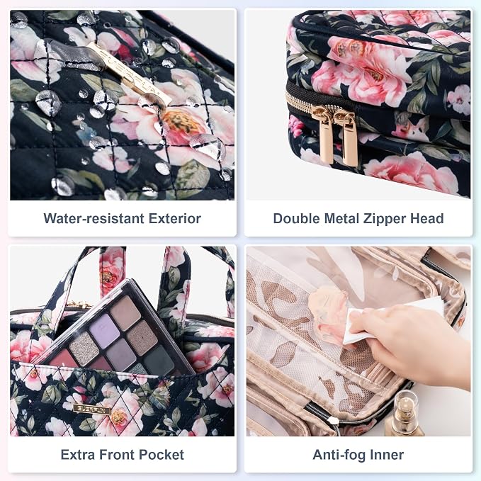 Everfun Travel Toiletry Bag with Hanging Hook and Leakproof Wet/Dry Compartments, Large Capacity Makeup Cosmetic Organizer for Women, 12x9x4.5 Inch, Black Floral