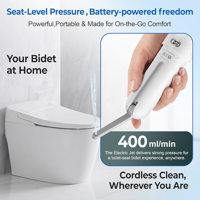 Electric Portable Bidet- Rechargeable Travel Bidet for Women, Postpartum, Hygiene | 3 Pressure Modes, 260 Uses/Charge, IPX7 Waterproof, Foldable & Compact, Standard Bottle Fit, USB-C Charging, White