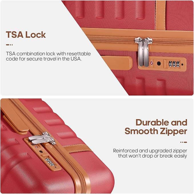 UKEIN Luggage Sets 3 Piece, PC Hardside Large Luggage 24 Inch With Spinner Wheels with TSA Lock, Carry On Suitcase Set With Travel Backpack for Men (Red, 3 piece set (24inch))