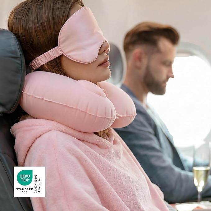 Bedsure Travel Blanket Set with Inflatable Neck Pillow and Eye Mask - Lightweight 3-in-1 Airplane Packable Blanket, Compact Travel Essentials, Pink