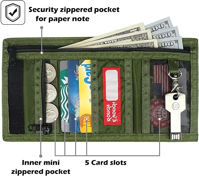 Rough Enough Kids Wallet for Boys Teens with Neck Lanyard Keychain Zipper Coin Pocket Card Holder Army Green Soft Nylon