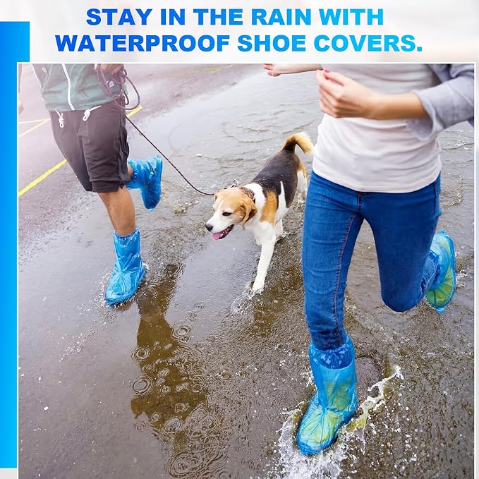 Chicingyou 200 Pack Thick Disposable Boot and Shoe Covers Non Slip Heavy Duty Plastic Shoe Covers 19" Tall for Indoors Outdoor Rain Snow Contractors Plumbers Gardening Work Boots (Blue)