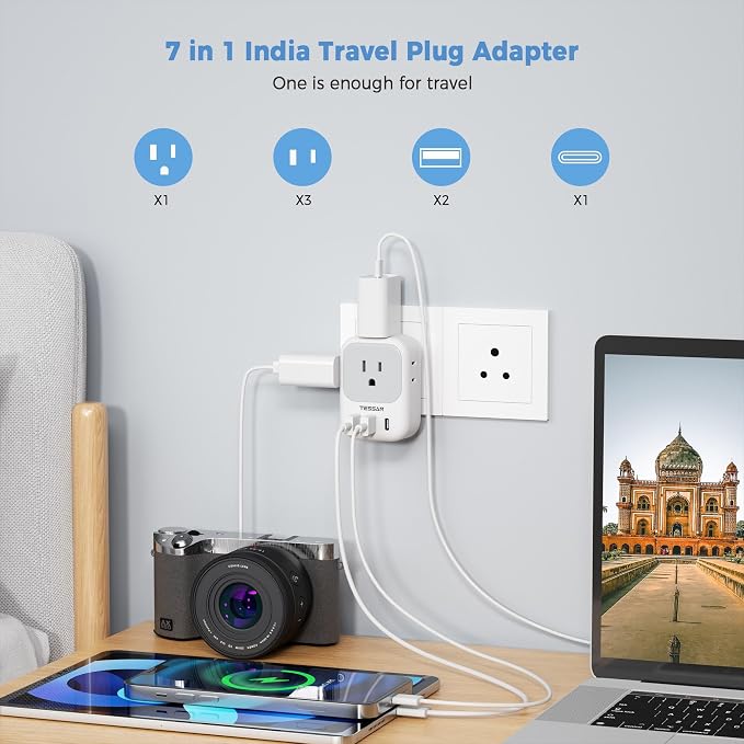 TESSAN India Plug Adapter 2 Pack, Type D Travel Adapter with 4 Outlets 3 USB Charger (1 USB C Port), US to Indian Outlet Adaptor for USA to Bangladesh, India, Kuwait, Maldives