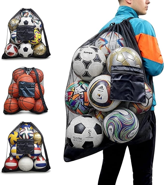 Extra Large Mesh Ball Bag with Pocket, Holds 13 Soccer Balls, 10 Basketballs, Heavy Duty Drawstring Net Bag, Team Coaches Sports Equipment Storage Duffle Sack for Volleyball, Swimming Gear